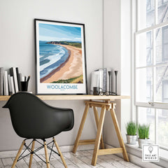 Woolacombe Devon Coastal Cliffs Wall Art - UK Travel Destination Decor displayed in a stylish interior with a desk and chair.