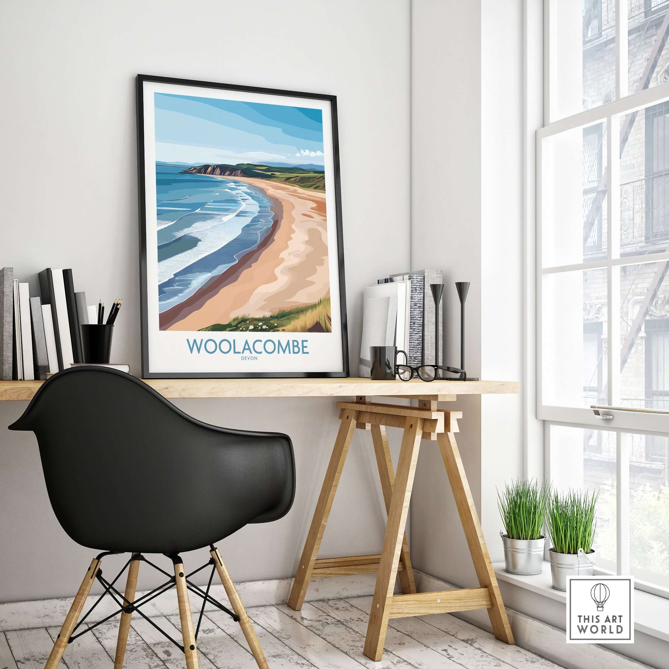 Woolacombe Devon Coastal Cliffs Wall Art - UK Travel Destination Decor displayed in a stylish interior with a desk and chair.
