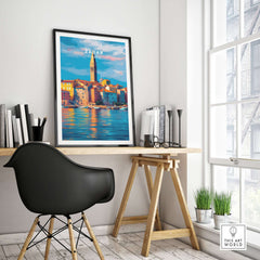 Zadar Poster | Croatian Travel Wall Art displayed in a modern interior with a black chair and sunlight.