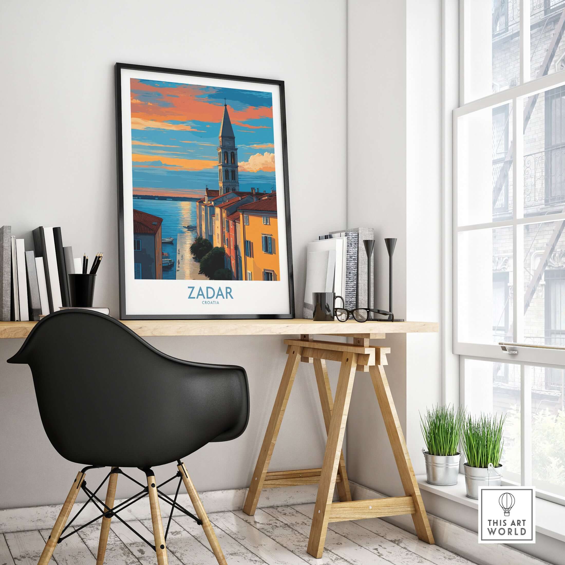 Zadar Croatia Sunset Bell Tower Art Print | Old Town Seascape Poster displayed in a modern workspace.