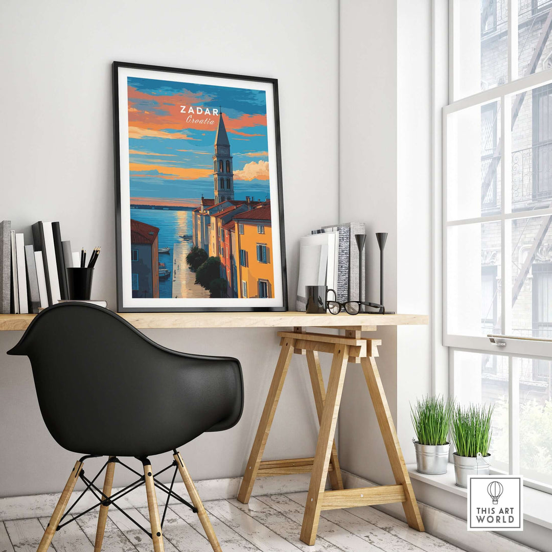 Zadar Poster - Dalmatian Coast Twilight View Print | Croatian Home Decor displayed in a modern workspace.