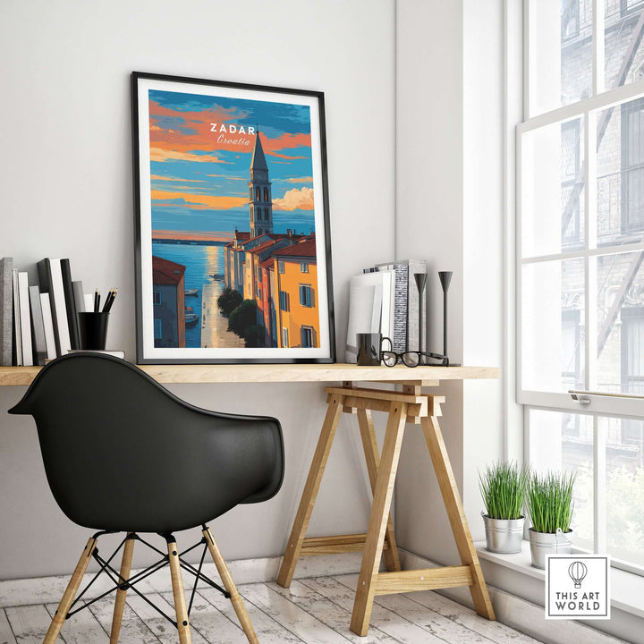 Zadar Poster - Dalmatian Coast Twilight View Print | Croatian Home Decor displayed in a modern workspace.