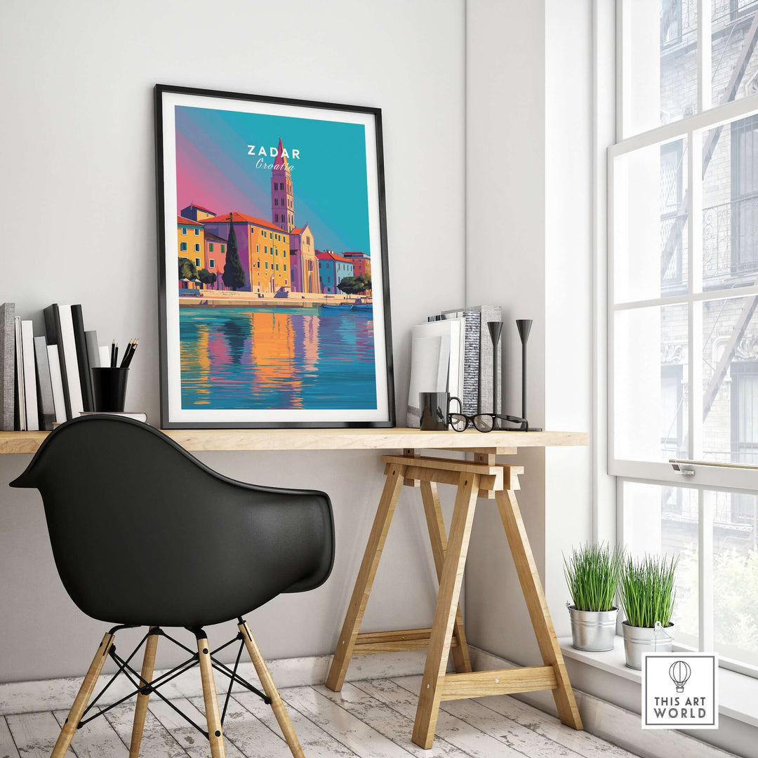 Zadar Print | Vibrant Croatian City Wall Decor displayed in a stylish home office with colorful architecture and reflections.