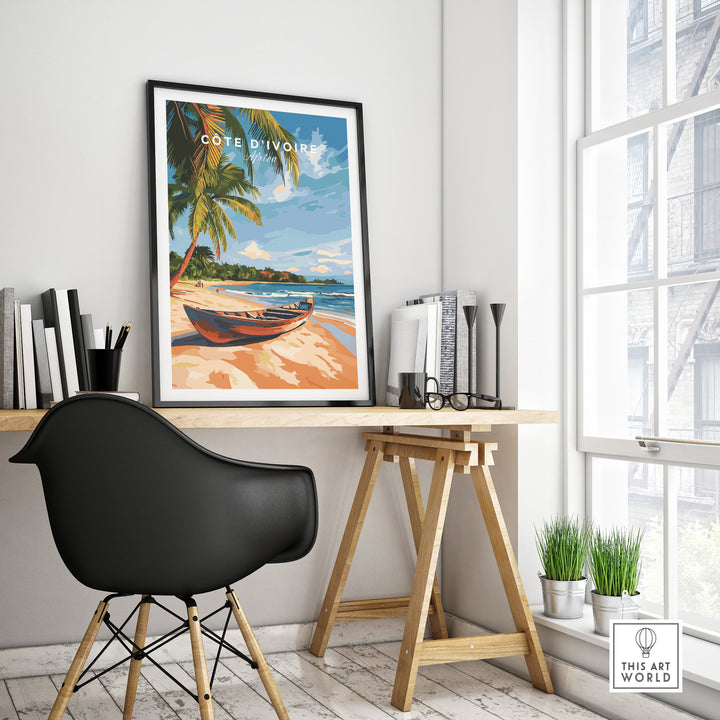 Côte d'Ivoire Beach Wall Art in a modern interior setting, featuring palm trees and a serene shoreline scene.