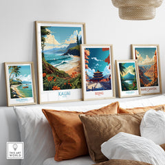 Kauai travel poster among framed prints of global destinations, showcasing vibrant landscapes and adventurous spirit.