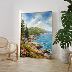 Acadia National Park rocky coastline and pines watercolour art print large framed print beside a chair and plant