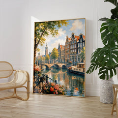 Amsterdam canal houses and bridge watercolour art print large framed print beside a chair and plant