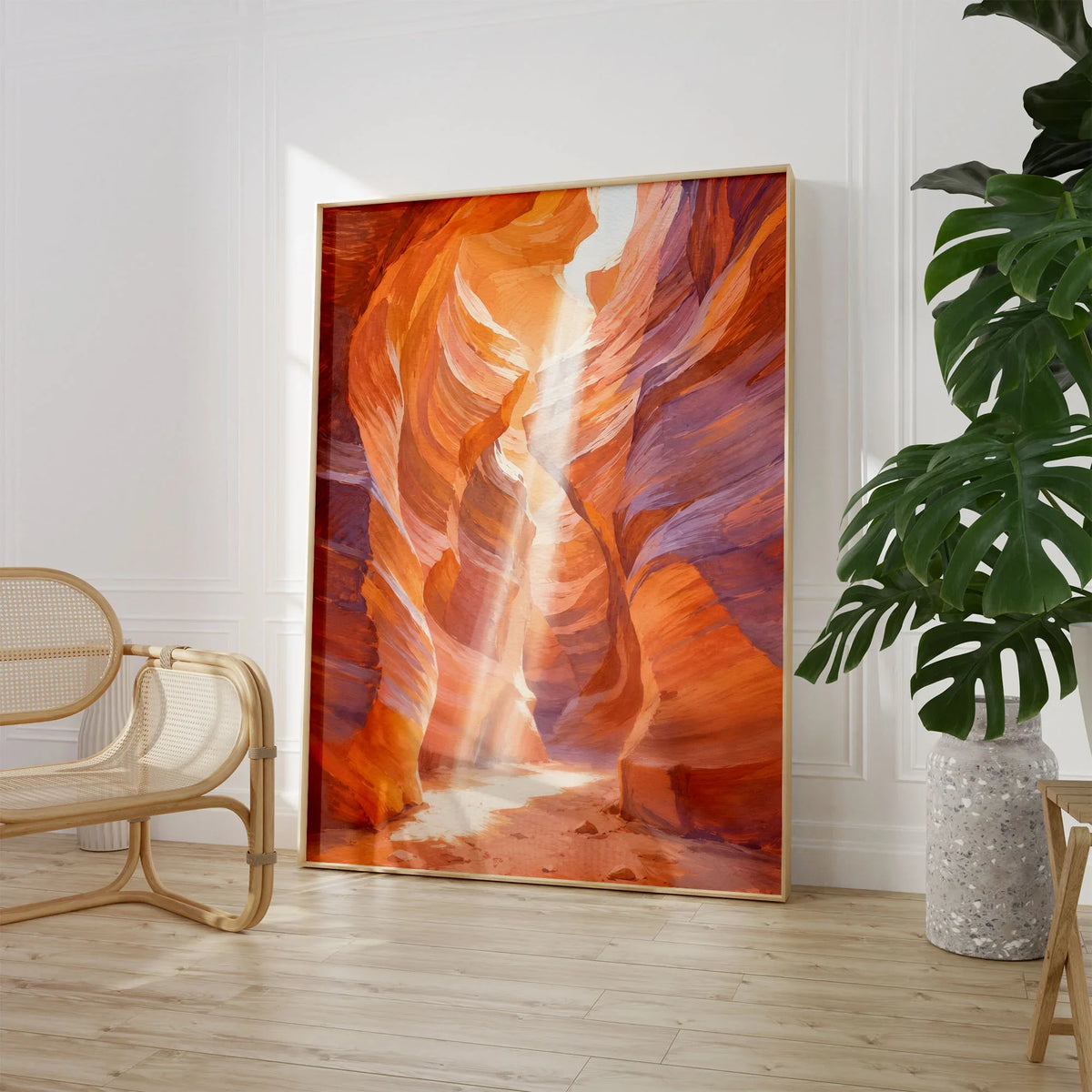 Antelope Canyon slot canyon light beam watercolour art print large framed print beside a chair and plant