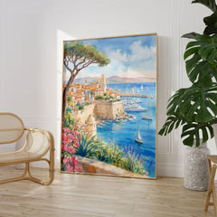 Antibes old town ramparts and harbour watercolour art print large framed print beside a chair and plant
