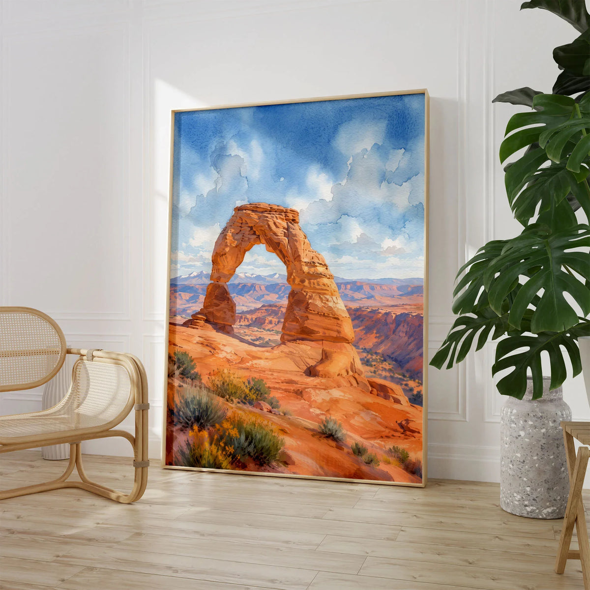 Arches National Park Delicate Arch watercolour art print large framed print beside a chair and plant
