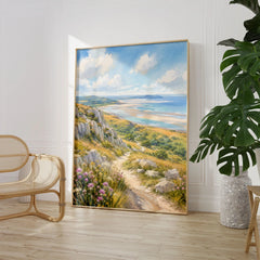 Arnside and Silverdale Morecambe Bay watercolour art print large framed print beside a chair and plant