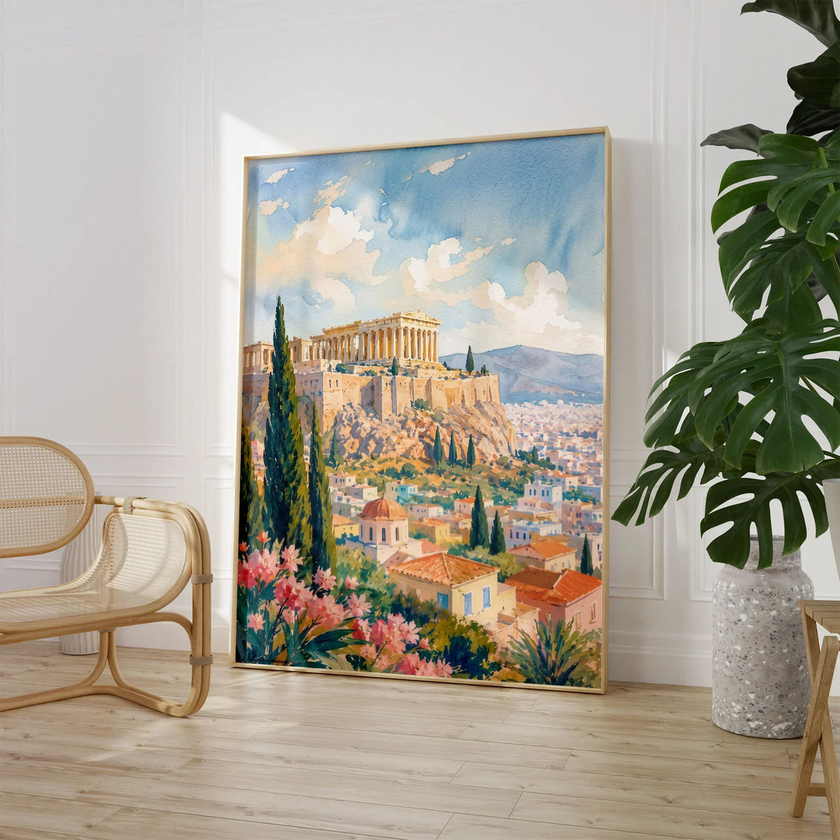 Athens Acropolis and Parthenon watercolour art print large framed print beside a chair and plant