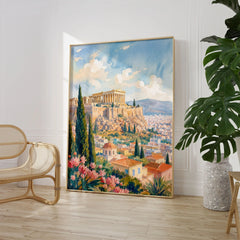 Athens Acropolis and Parthenon watercolour art print large framed print beside a chair and plant