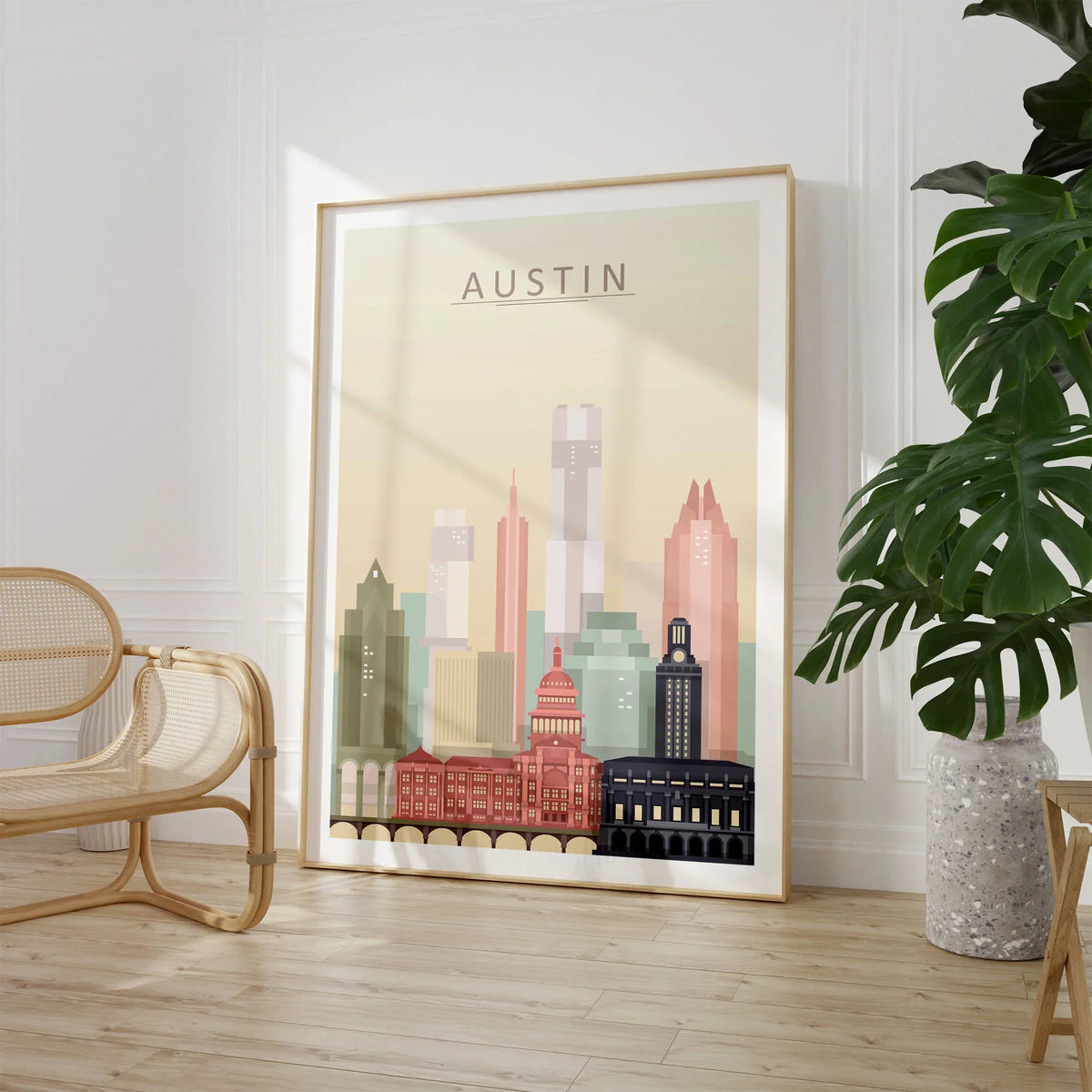 Austin city skyline art print, large framed print beside a chair and plant