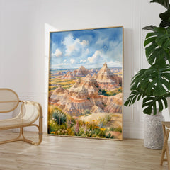 Badlands National Park striped eroded buttes watercolour art print large framed print beside a chair and plant