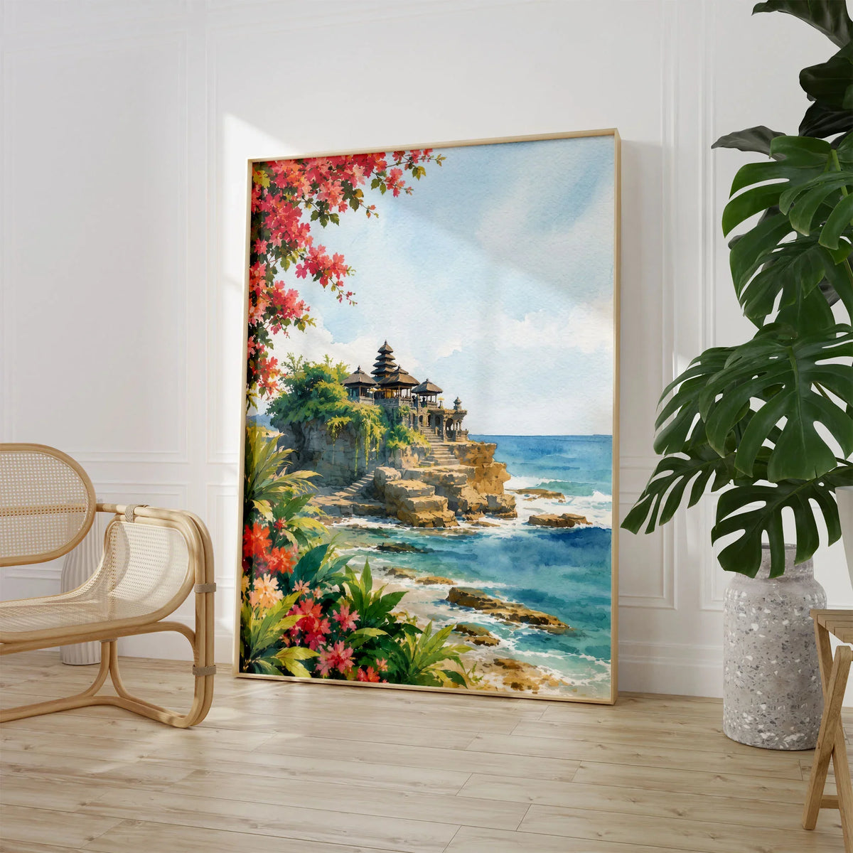 Bali Tanah Lot sea temple watercolour art print large framed print beside a chair and plant