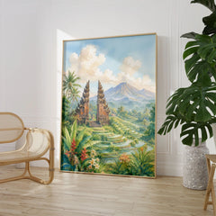 Bali temple gate and rice terraces watercolour art print large framed print beside a chair and plant