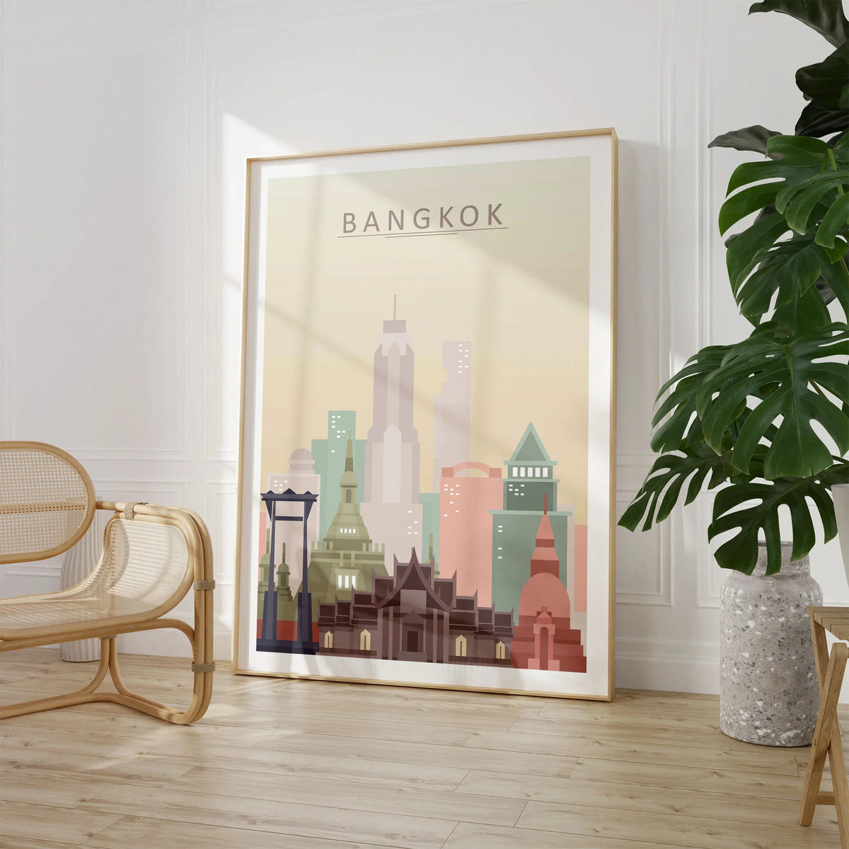Bangkok city skyline art print, large framed print beside a chair and plant