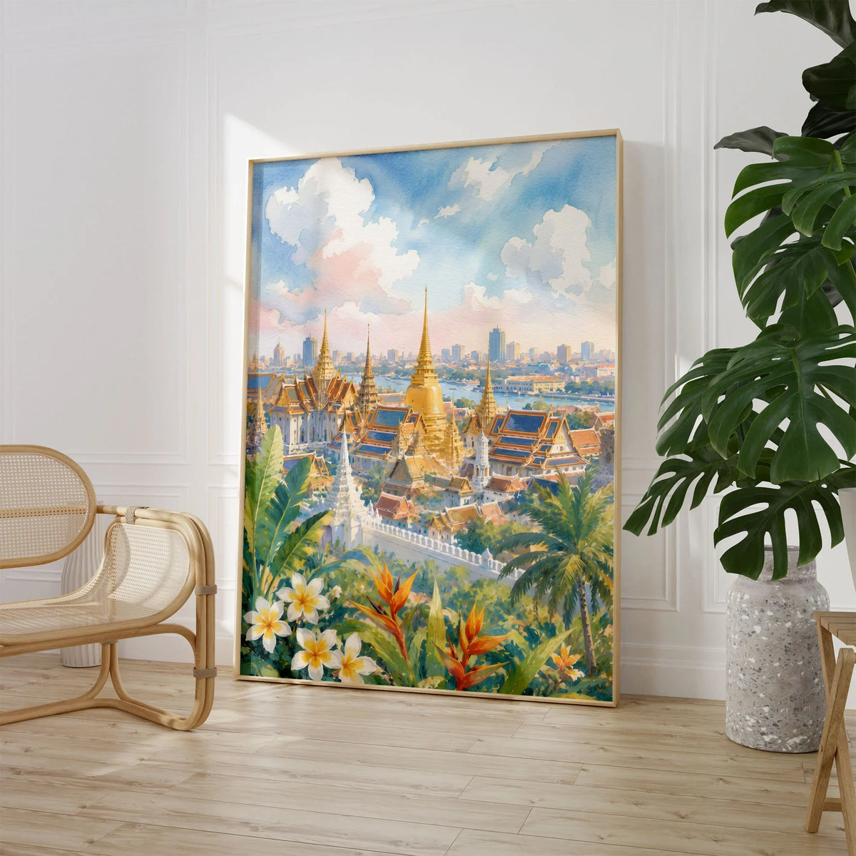 Bangkok Grand Palace golden temples watercolour art print large framed print beside a chair and plant