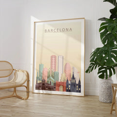 Barcelona city skyline art print, large framed print beside a chair and plant