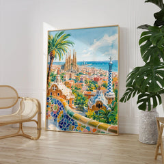 Barcelona Park Güell and Sagrada Família watercolour art print large framed print beside a chair and plant
