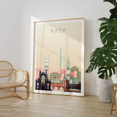 Bath city skyline art print, large framed print beside a chair and plant