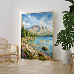 Baxter State Park Mount Katahdin and lake watercolour art print large framed print beside a chair and plant