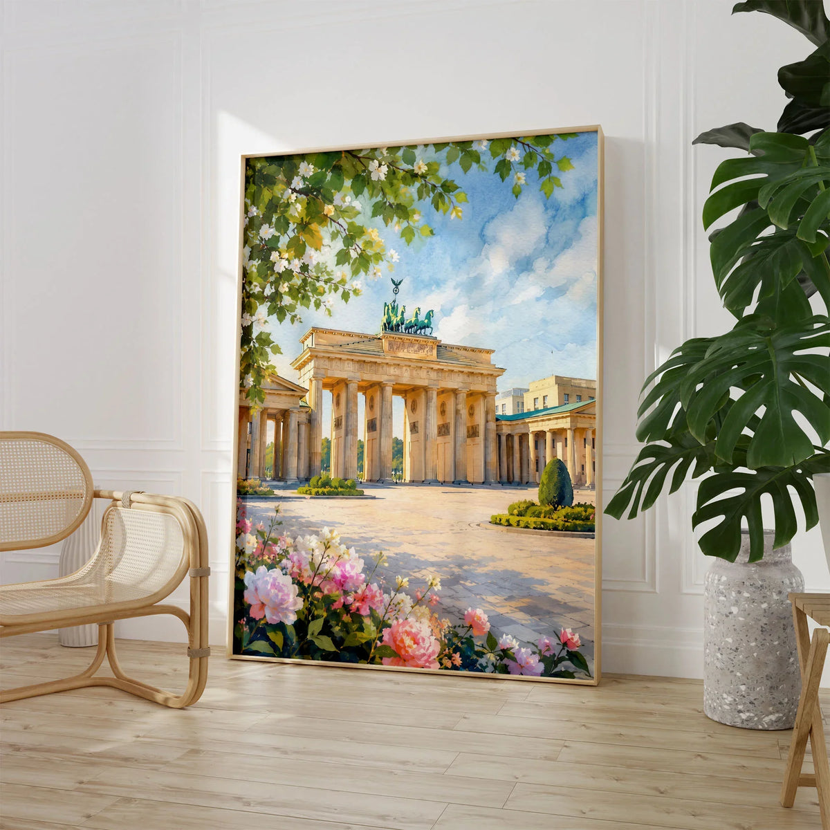 Berlin Brandenburg Gate watercolour art print large framed print beside a chair and plant