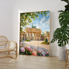 Berlin Brandenburg Gate watercolour art print large framed print beside a chair and plant