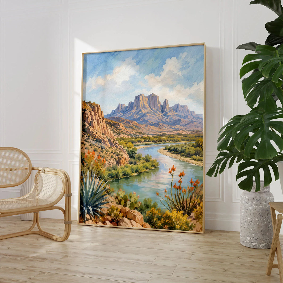 Big Bend National Park Rio Grande and Chisos Mountains watercolour art print large framed print beside a chair and plant