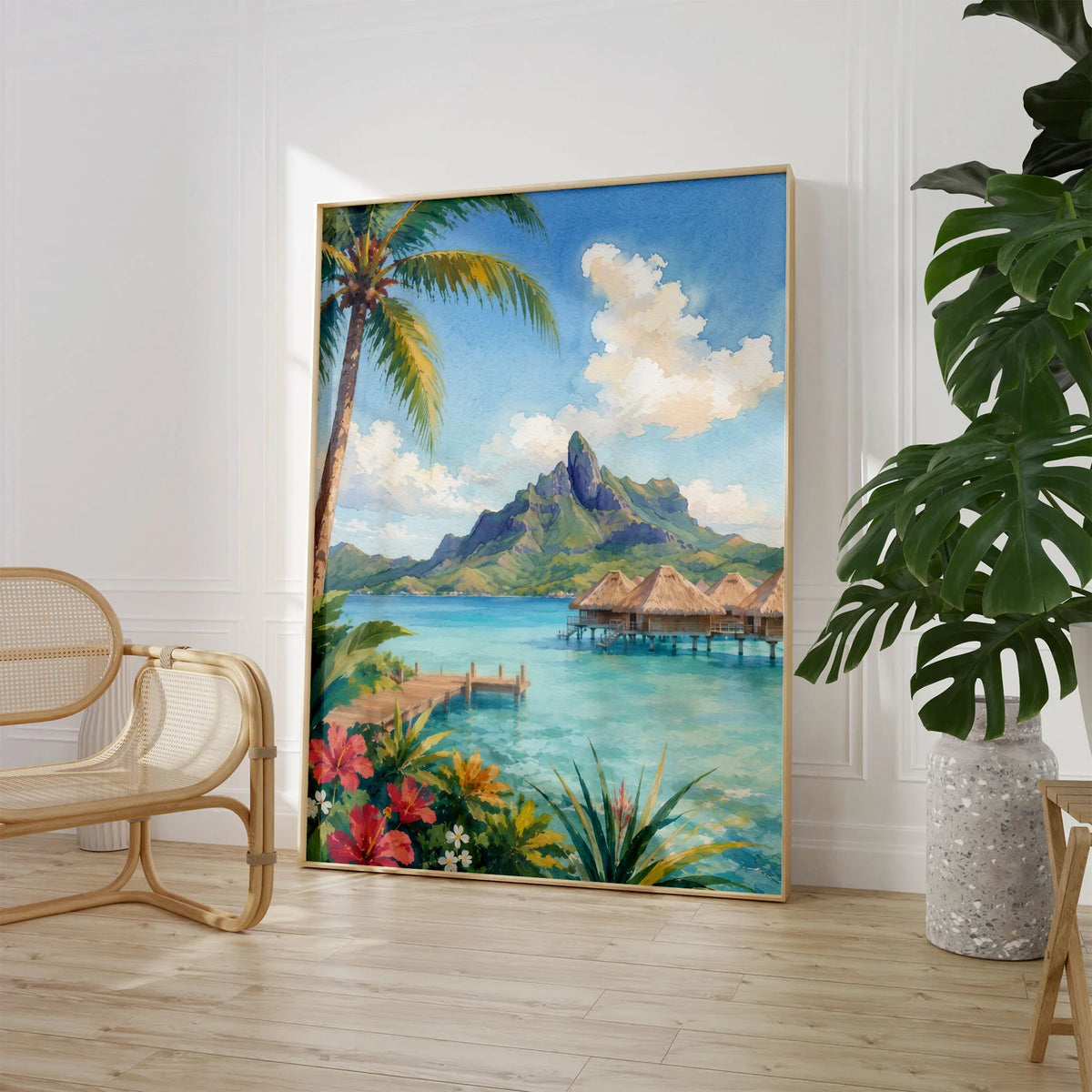 Bora Bora overwater bungalows and Mount Otemanu watercolour art print large framed print beside a chair and plant