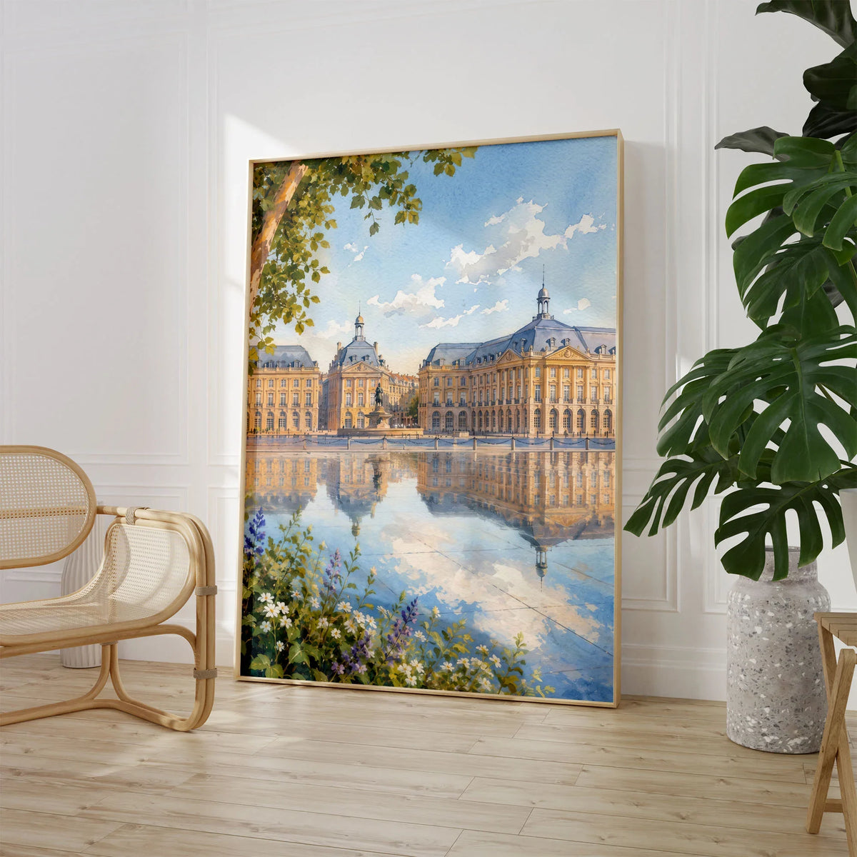 Bordeaux Place de la Bourse water mirror watercolour art print large framed print beside a chair and plant