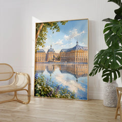 Bordeaux Place de la Bourse water mirror watercolour art print large framed print beside a chair and plant