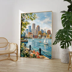Boston harbour skyline with sailboats watercolour art print large framed print beside a chair and plant