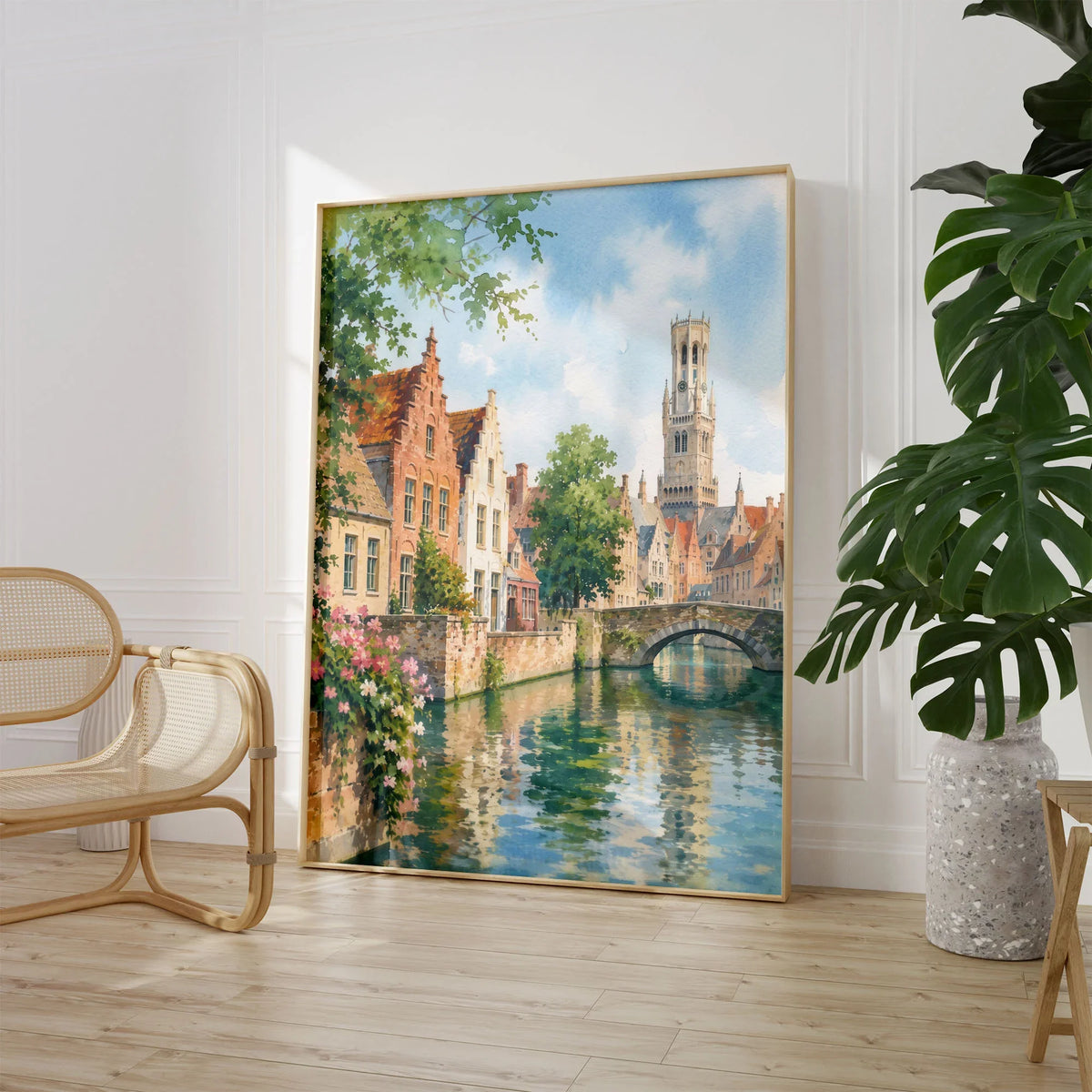 Bruges canal and Belfry tower watercolour art print large framed print beside a chair and plant