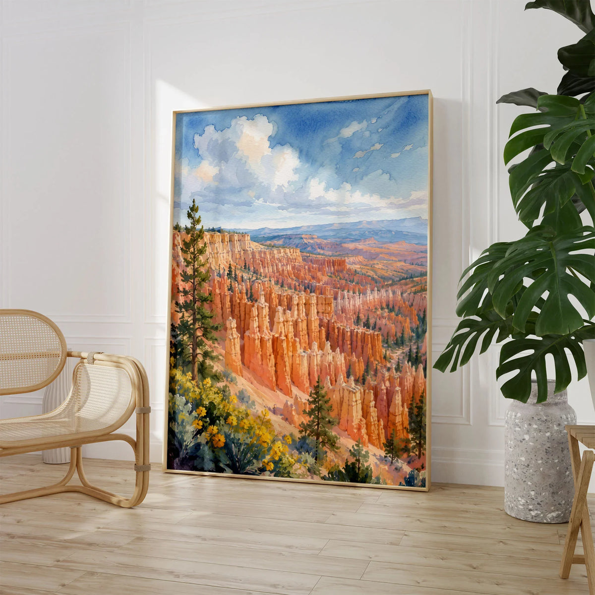 Bryce Canyon National Park hoodoo amphitheatre watercolour art print large framed print beside a chair and plant