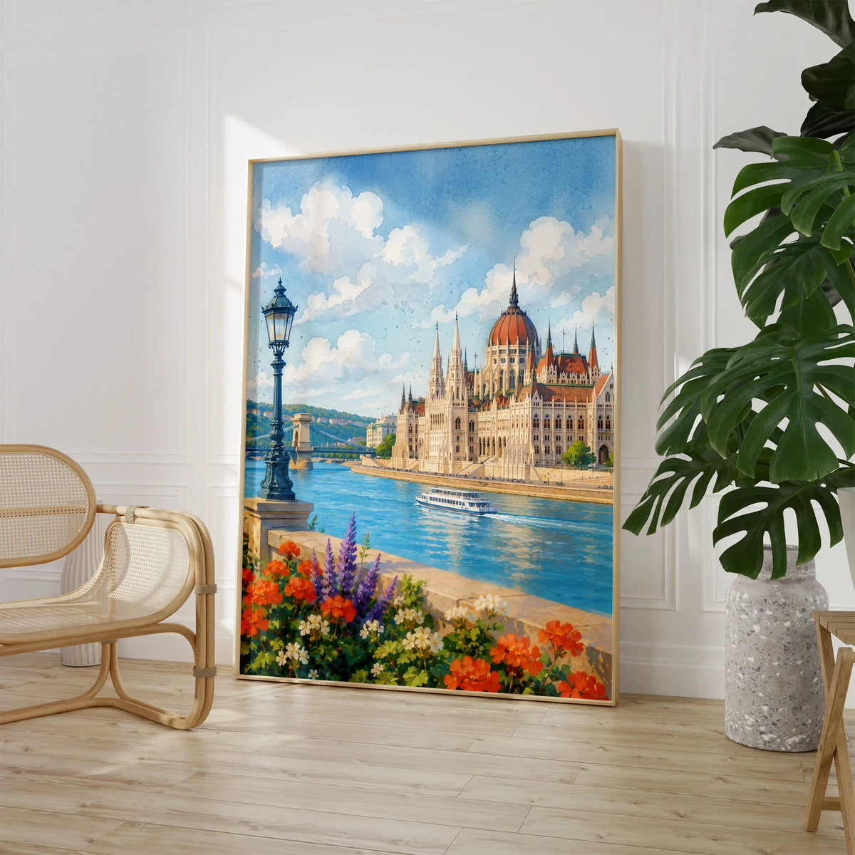 Budapest Parliament on the Danube watercolour art print large framed print beside a chair and plant