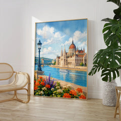 Budapest Parliament on the Danube watercolour art print large framed print beside a chair and plant