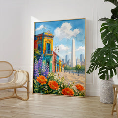 Buenos Aires La Boca houses and the Obelisco watercolour art print large framed print beside a chair and plant