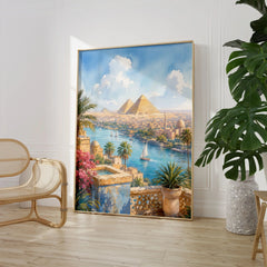 Cairo Pyramids of Giza and the Nile watercolour art print large framed print beside a chair and plant