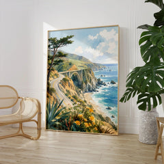 Big Sur Bixby Bridge on the coast watercolour art print large framed print beside a chair and plant