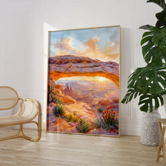Canyonlands National Park Mesa Arch at sunrise watercolour art print large framed print beside a chair and plant