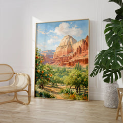 Capitol Reef National Park Fruita orchards and cliffs watercolour art print large framed print beside a chair and plant