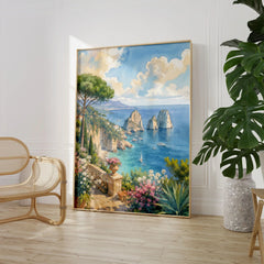 Capri Faraglioni rocks watercolour art print large framed print beside a chair and plant