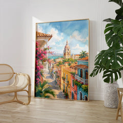 Cartagena colonial old town street watercolour art print large framed print beside a chair and plant