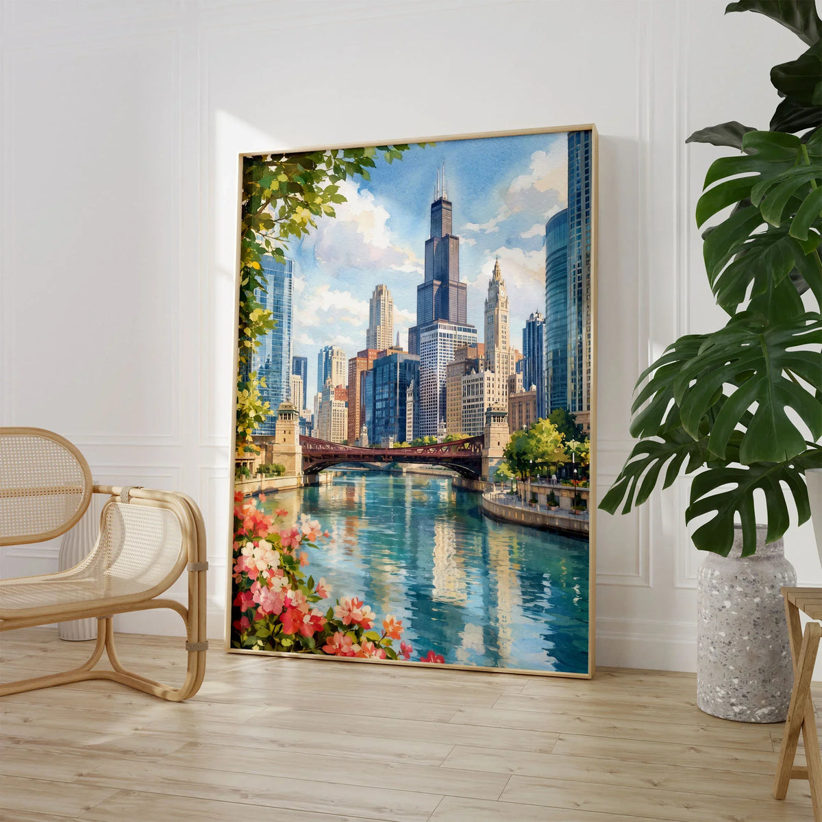 Chicago river and skyline watercolour art print large framed print beside a chair and plant