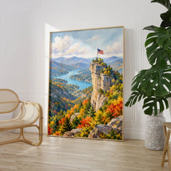 Chimney Rock State Park Chimney Rock above Lake Lure watercolour art print large framed print beside a chair and plant