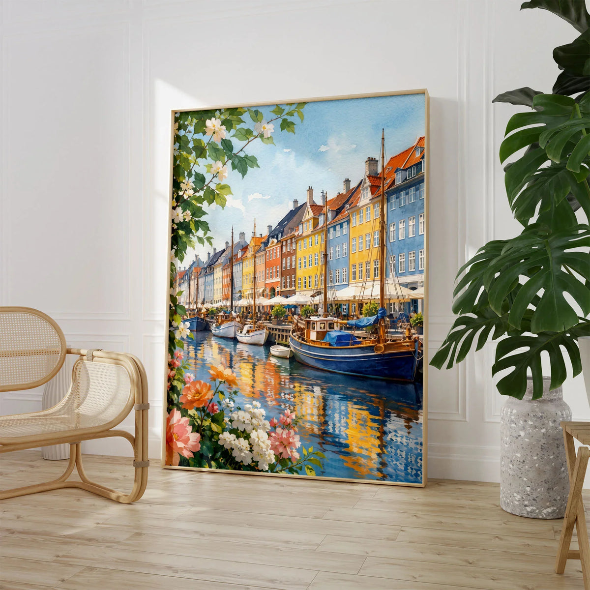 Copenhagen Nyhavn harbour houses watercolour art print large framed print beside a chair and plant