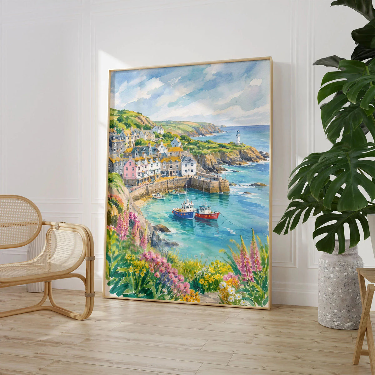Cornwall harbour, fishing boats and lighthouse watercolour art print large framed print beside a chair and plant