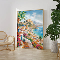 Costa Blanca Altea blue-domed church and coast watercolour art print large framed print beside a chair and plant